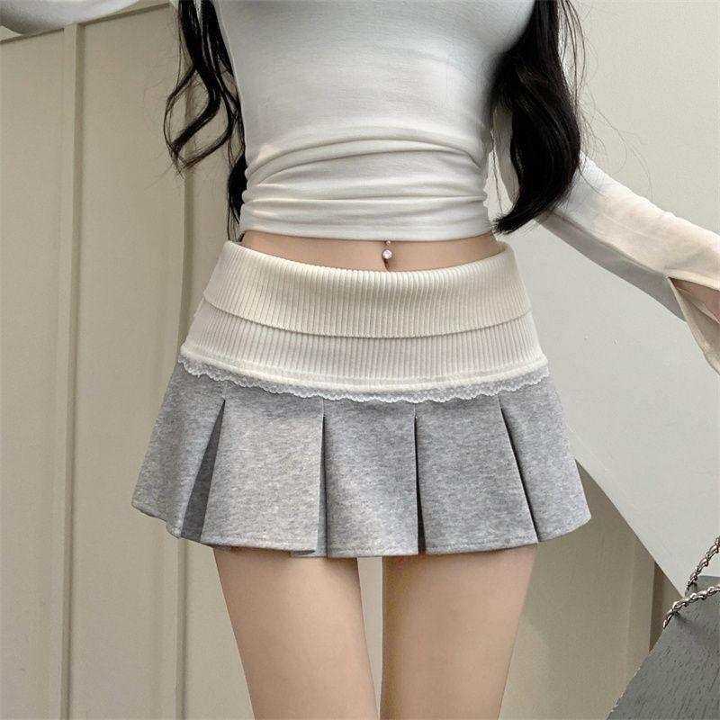 Chân Váy Xếp Ly, Màu Xám, Phong Cách Gợi Cảm Và Cô Gái Nóng Bỏng, Chắp Vá Với Ren, Chân Váy Nhỏ Hàng Mới Về, Chân Váy Cạp Cao Thích Hợp Cho Mùa Thu Và Mùa Đông, 2024 1