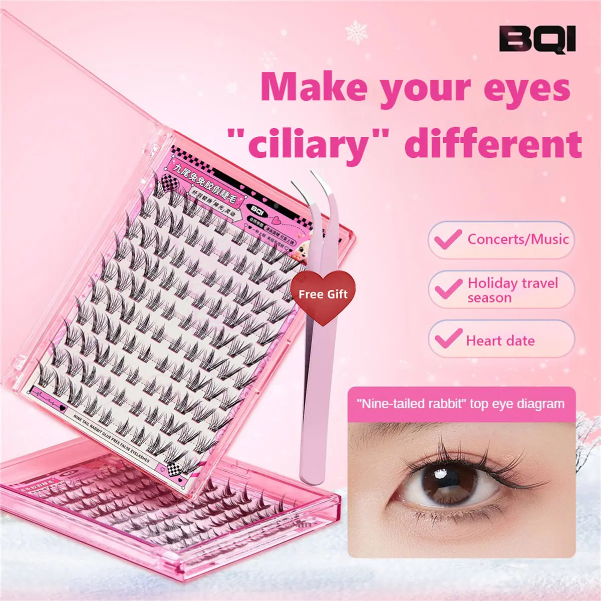 [Free Tweezer] BQI Eyelashes Super Sticky False Eyelashes Glue-free False Eyelashes Self-adhesive for Beginners Rabbit Lazy Eyelashes Reusable Natural Eyelash Extensions Thicken Curl Eyelash