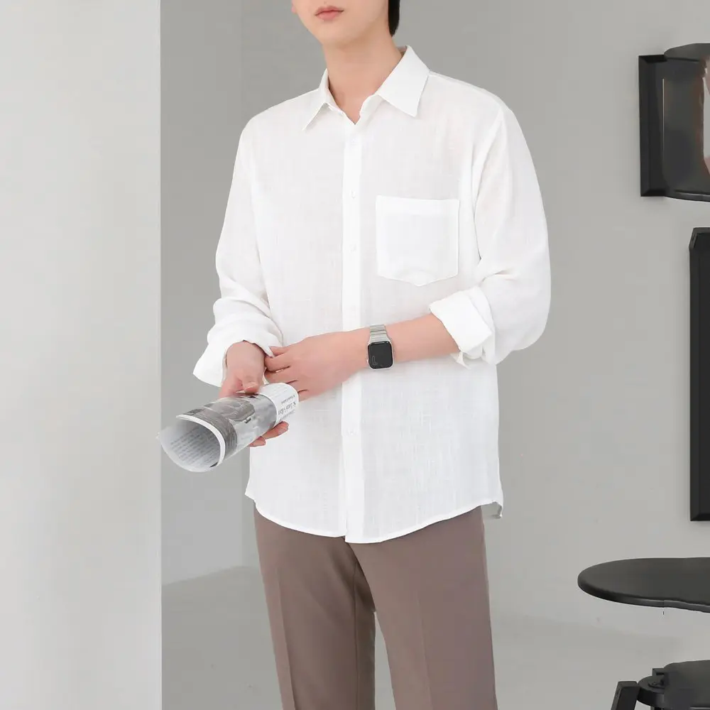 Áo Sơ Mi Đũi Dài Tay Nam Cổ Bẻ Màu Trắng Phom Rộng Chất Thấm Hút Mồ Hôi Thoáng Mát Co Giãn Nhẹ Không Xù Lông Menswear