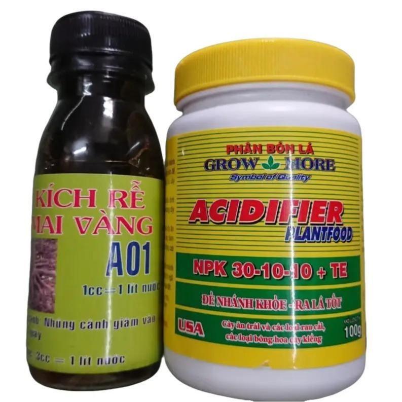 Combo Kích rễ mai vàng A01 100ml và Phân bón lá Growmore soil acidifier 30-10-10 hủ 100gram dùng Kích rễ - kích chồi cây mai vàng hoa hồng bonsai cây cảnh