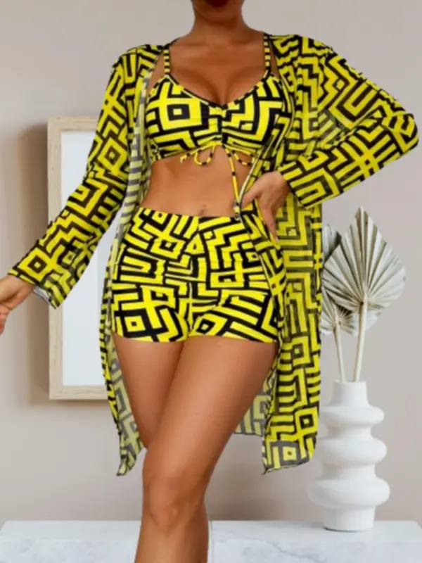 Three-piece Set Women's All Over Geometric Print Bikini Set, Chic Long Sleeve Sheer Cover Up Top & Tie Front Swim Bra & Short Set, Ladies Swimsuit for Beach Holiday Vacation 6