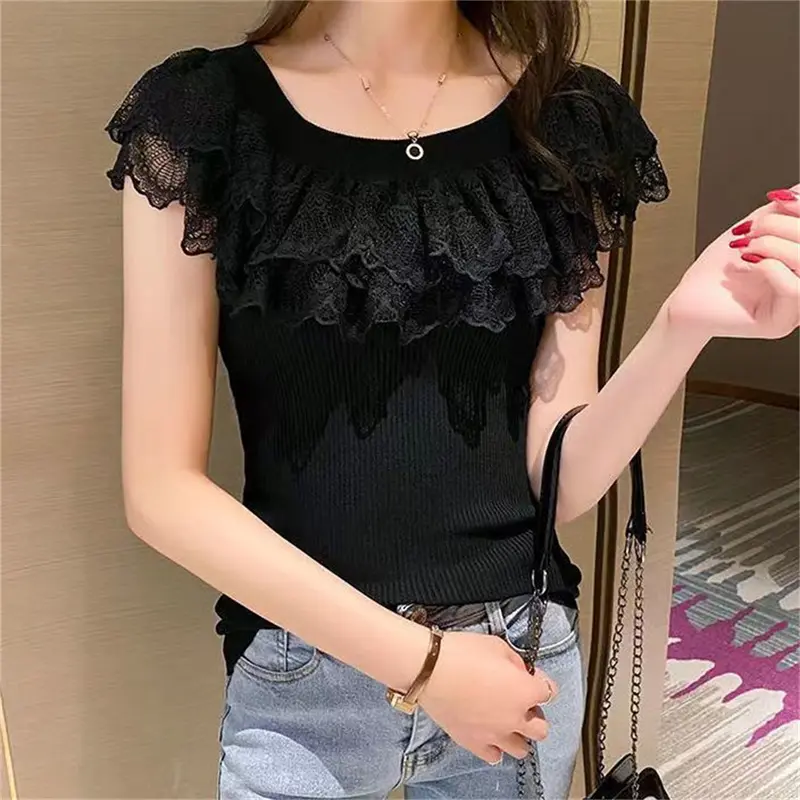 Áo Thun Mùa hè, vải gạc Chắp Vá, ngắn Tay, thiết kế lệch vai, phong cách Gợi Cảm và Thường Ngày Nữ Top 8