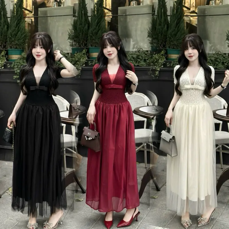 Đầm ren nơ cổ V phối tơ lưới ba lớp dáng xoè dress váy tiệc
