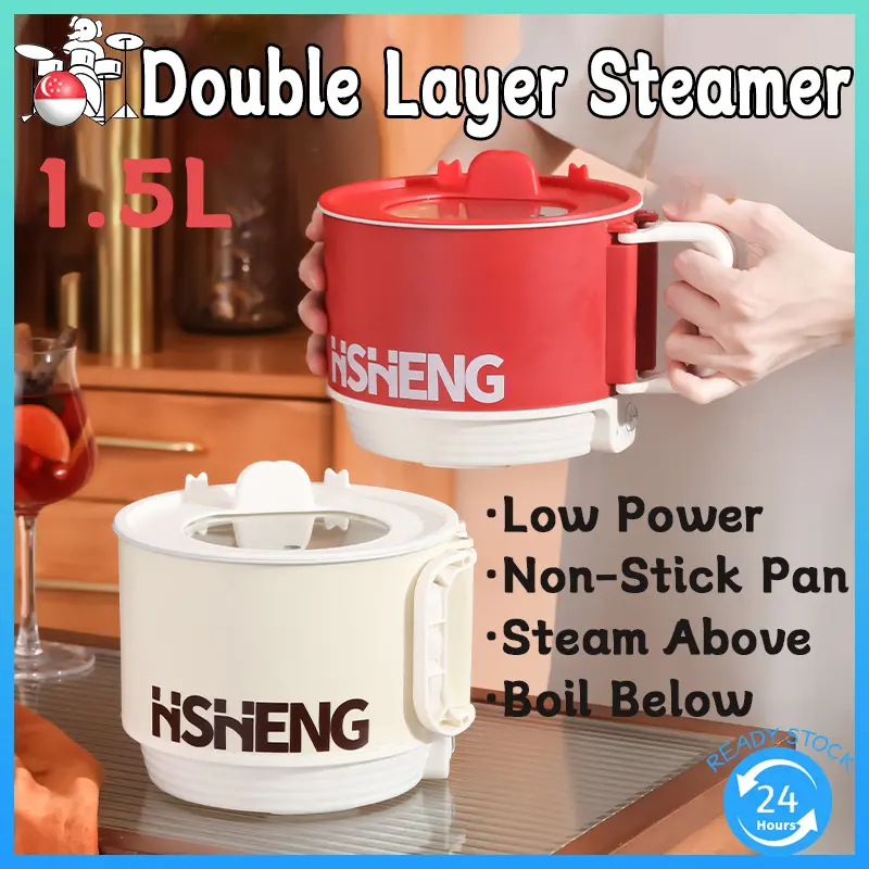SG[In Stock] Double Layer Steamer Pot Non-stick Liner Rice Mini Electric Cooker Multi Non Sticky Portable1.5L Folding Dormitory Household Pot Non-stick Liner Rice Portable Electric Hot Multi Cook