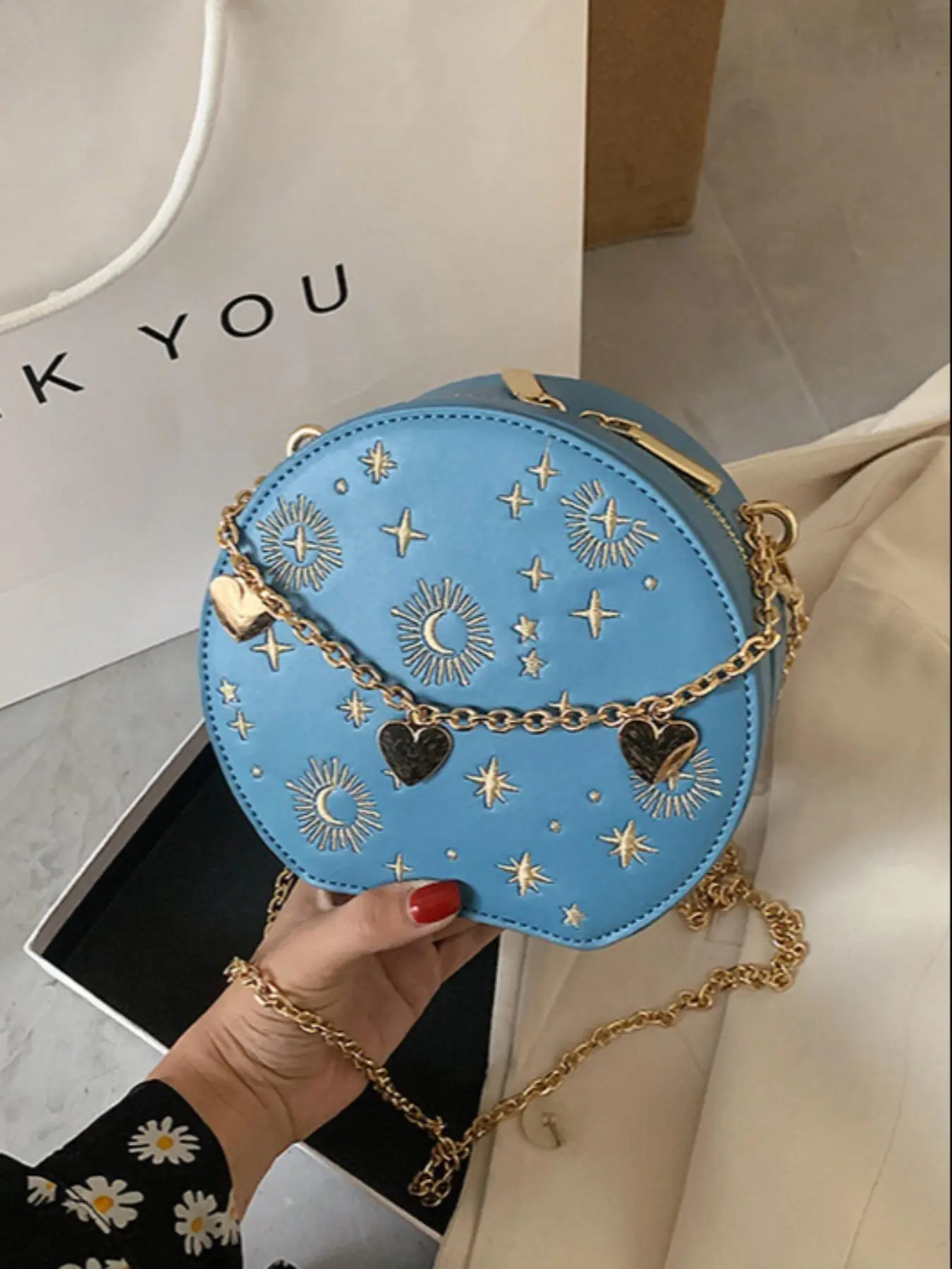 Women's Star & Moon Pattern Design Small Round Bag As Gift, Unique Bags, New Trendy Heart-shaped Pendant Chain Decor Circle Bag, PU Leather Zipper Shoulder Bag for Parties, Shopping Or Daily Use, Gifts for Girlfriend, Valentine's Day, Gift for Her