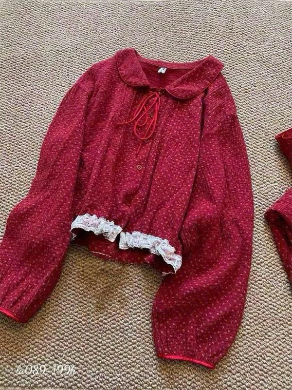 Product Introduction of Bộ pijama hoa nhí đỏ, sét bộ ngủ chất xô Muslin cổ sen tay bồng phối ren bèo đáng yêu mặc được cả hè và đông cho nữ 13