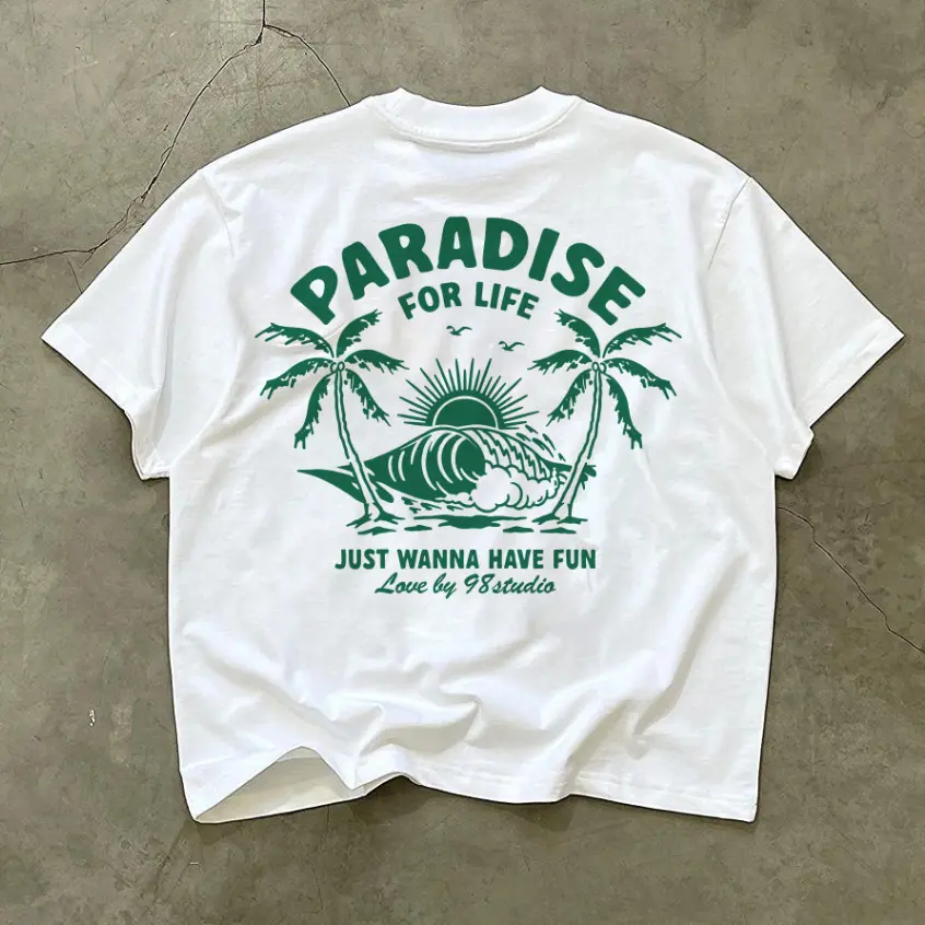 Áo thun unisex nam nữ green beach vintage form rộng  cotton 250gsm bo cổ dày dặn 98stu