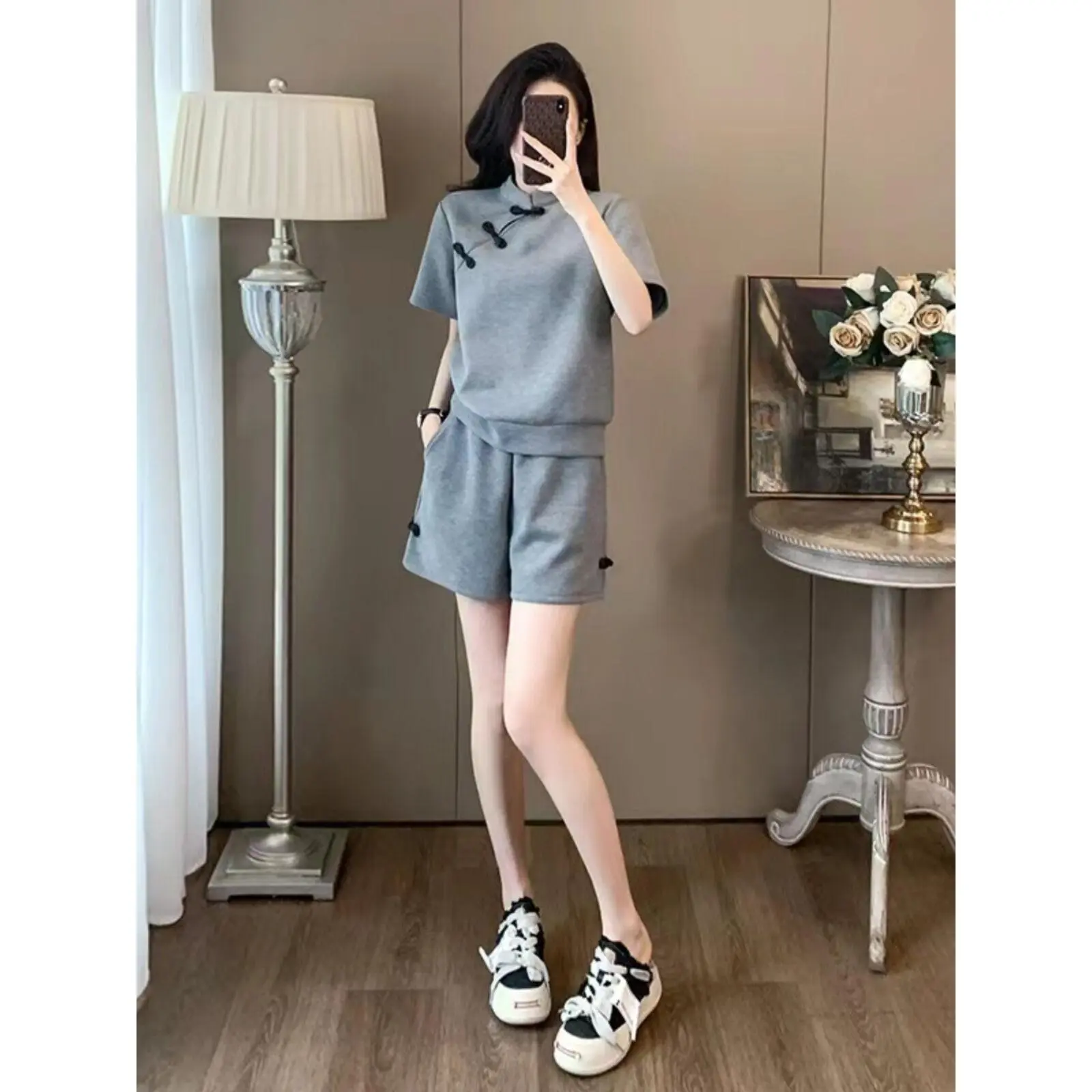 Pei Han Xue Women's Lightweight Chinese Style Casual Sports Suit Fashionable Summer Slimming Anti-Aging Short Sleeve Shorts Two-Piece Set