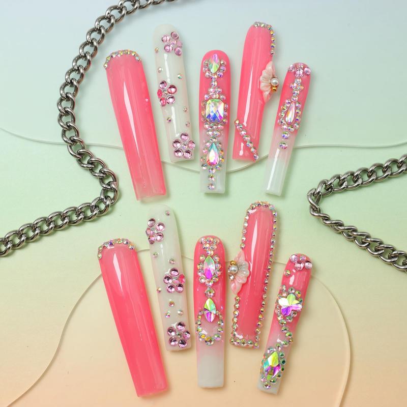 Rhinestone Decor Fake Nails with 1 Nail File & 1 Sticker Sheet & 1 Stick, 10pcs Long Square False Nails for Women & Girls DIY Nail Art, Glossy Press on Nails Set 5