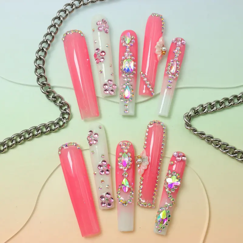 Rhinestone Decor Fake Nails with 1 Nail File & 1 Sticker Sheet & 1 Stick, 10pcs Long Square False Nails for Women & Girls DIY Nail Art, Glossy Press on Nails Set 4