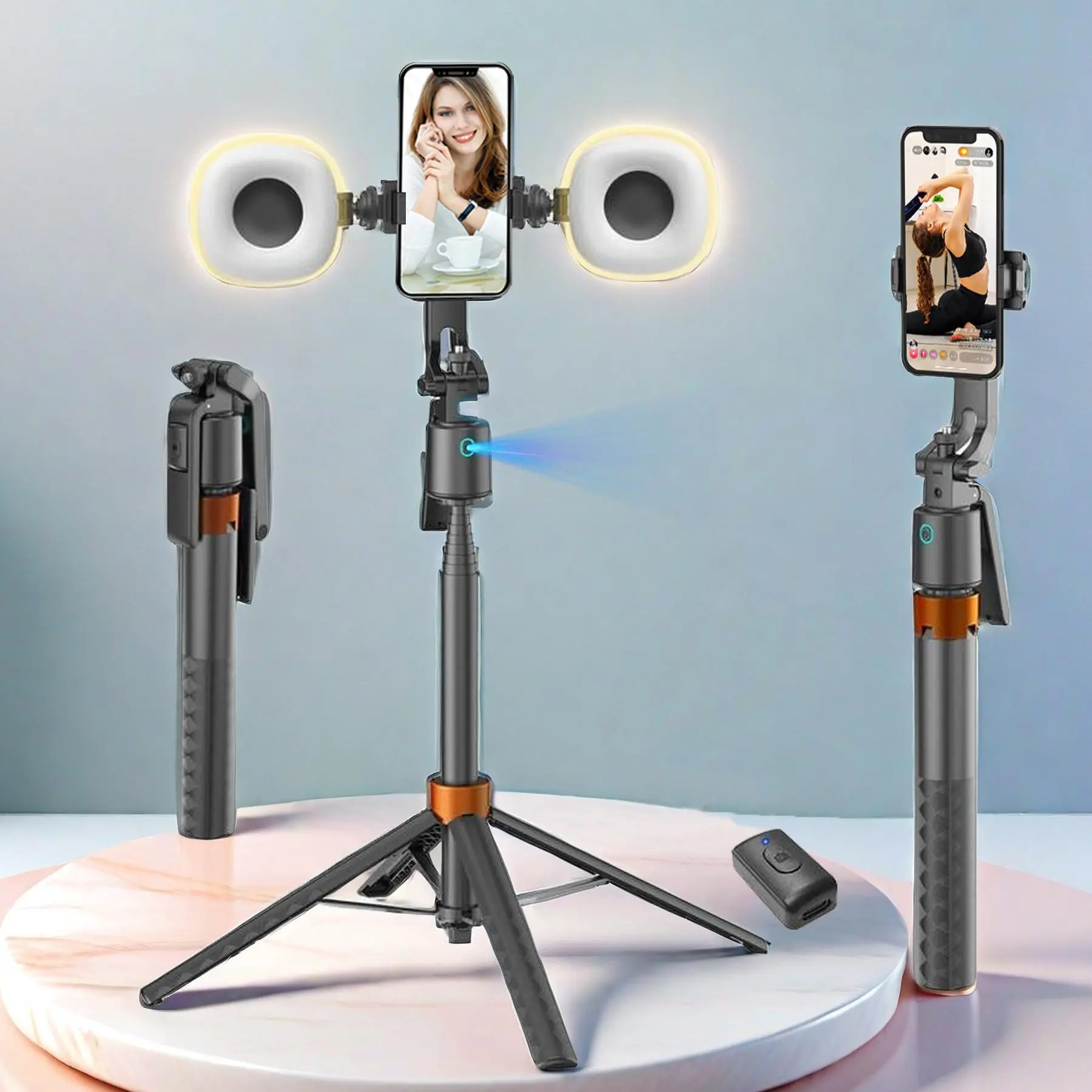 360-Rotatable Selfie Stick Tripod, Rechargeable Smart Face Tracking Tripod with 2 Fill Light, Auto Face Tracking Phone Holder for Vlog, Live Streaming
