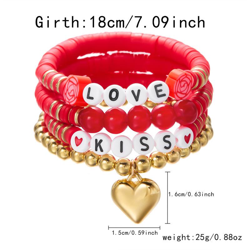 Product Introduction of Europe and America Cross Border Valentine's Day Bracelet Multi-Layer Twin Pink Love Pendant Bracelet Polymer Clay Beaded Stretch Bracelet 4