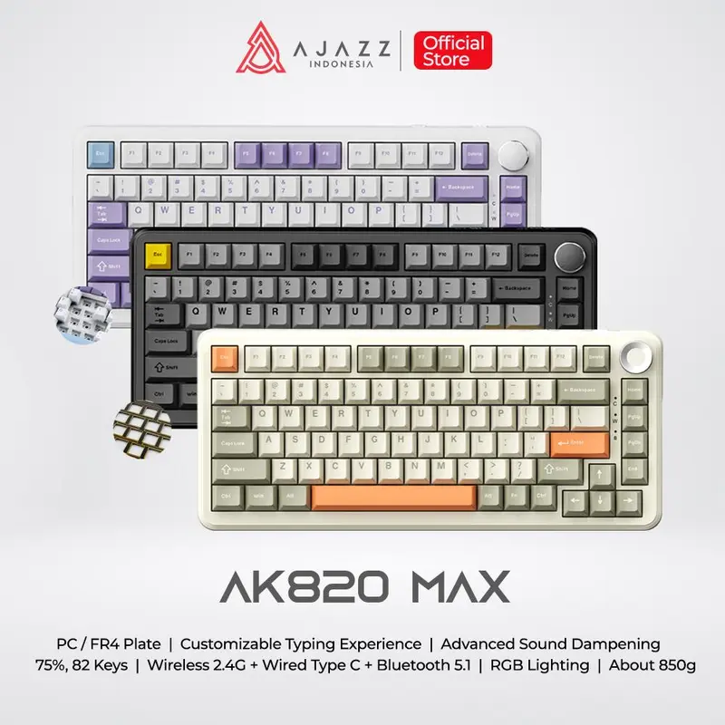 Ajazz AK820 MAX 75% Mechanical Keyboard 3-Mode RGB with 0.85 TFT Color Screen and Volume Knob Gasket Mount Hotswappable for all keys 0