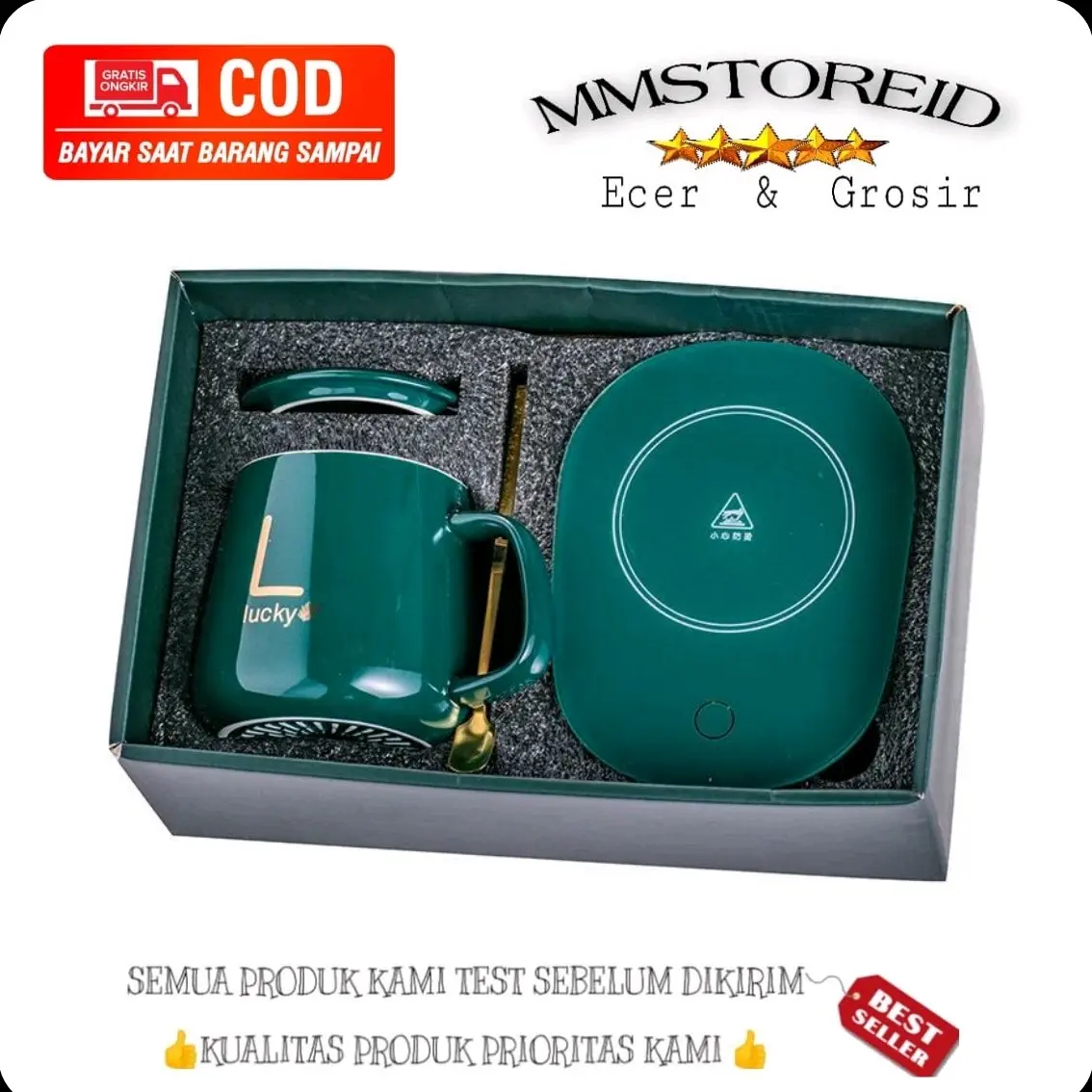 MM - Mug gelas keramik huruf inisial lucky + penghangat listrik / set cangkir pemanas kopi teh / set gelas keramik penghangat minuman