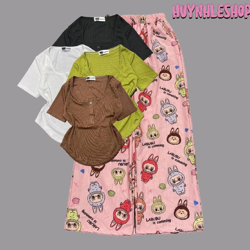 80.B32 Set bộ áo cổ tròn bầu có nút tay ngắn quần suông in hoạt hình labu quần chất đũi Kem Nữ Women Voi Top 2