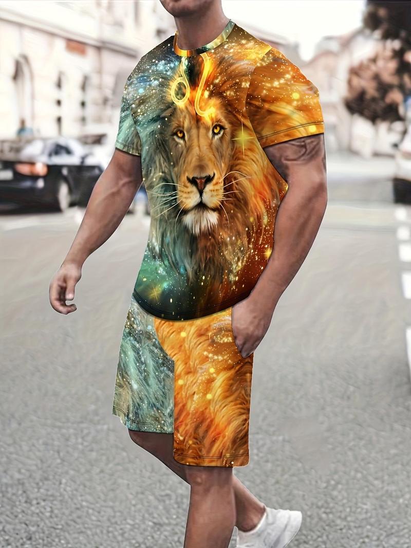 Product Introduction of Two Counts Men's Geometric Print Drawstring Shorts Set, Short Sleeve T-shirt & Pocket Shorts, Casual Spring & Fall Clothes for Men 3