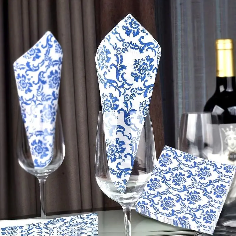 Chinese Style Blue and White Porcelain Pattern Tissue Paper Napkin, 20pcs/pack Disposable Tableware for Restaurant Wedding Party Decoration, Kitchen Supplies 0