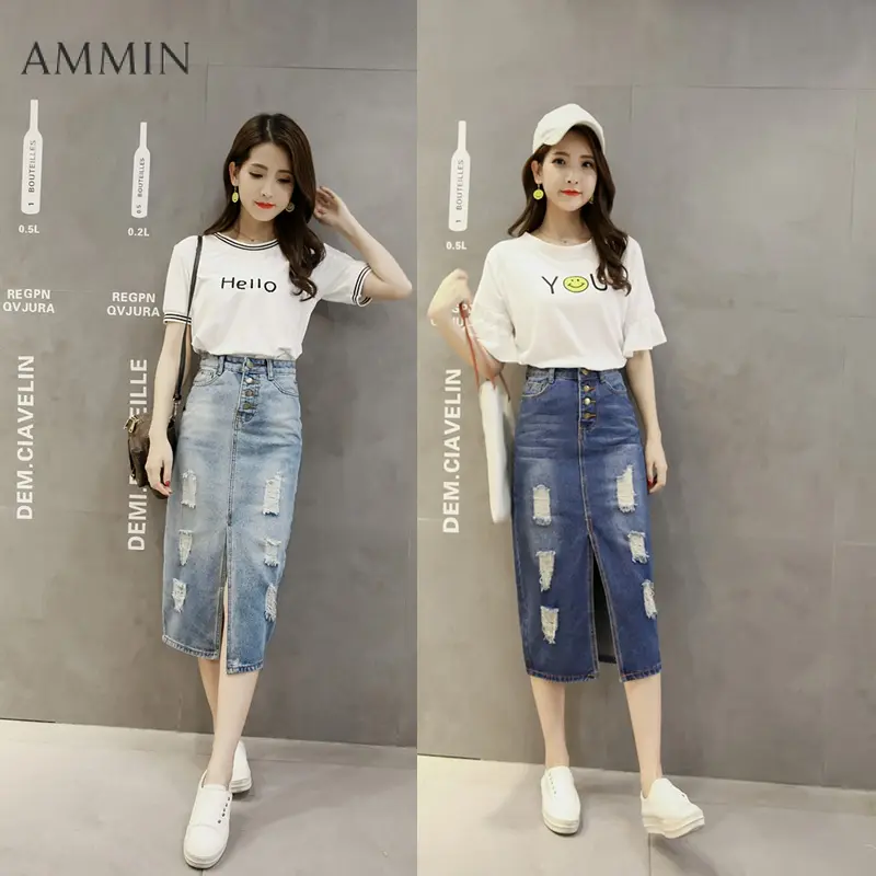 Ammin 2024 Spring and Summer Retro Ripped Tassel Design Denim Fashionable with Side-Slit Skirt Women's Korean Style Raw Edges Design Mid-Length A- line Skirt