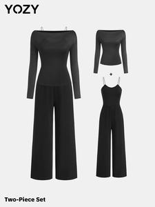 Yozy Women's Solid Color Long Sleeve Top & Wide Leg Jumpsuit Two-piece Set, Casual Fashion Cozy Two Piece Outfits for Daily Outdoor Wear, Ladies Clothes for All Seasons