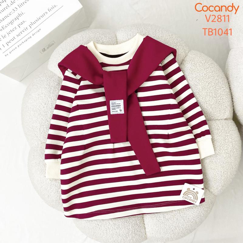  Váy dài cho bé -Váy dài kẻ BE phối ĐỎ của COCANDY mã V2811 Len 