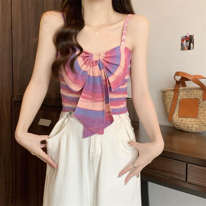 Product Introduction of Sweet and Spicy Style Striped Small Sling Vest Women's Summer Inner Wear Outer Wear Design Sense Niche Bow Sleeveless Short Top turtleneck  tank Lingerie Plaid Spaghetti Strap tank  top camisole  tops baby  tee 18