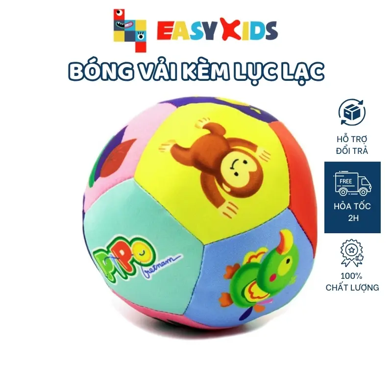 Bóng Vải Cho Bé Jungle Kèm Lục Lạc Luyện Cầm Nắm, Màu Sắc Tươi Sáng, Hình Vẽ Dễ Thương Kem Đồ Chơi