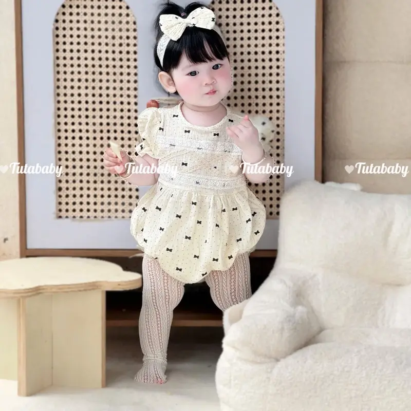 Bodysuit Bé Gái Chất Xô Muslin Thiết Chấm Bi Nơ Đen, Kèm Turban Nơ Xinh Xắn, Dành Cho Bé 3kg Đến 11kg 6