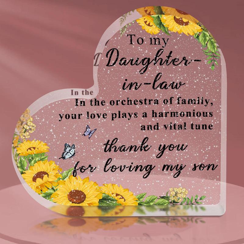 Product Introduction of Heart Shaped Acrylic Plaque, 1 Count Slogan Graphic Acrylic Ornament, Thank You Gift for Daughter-in-law 0