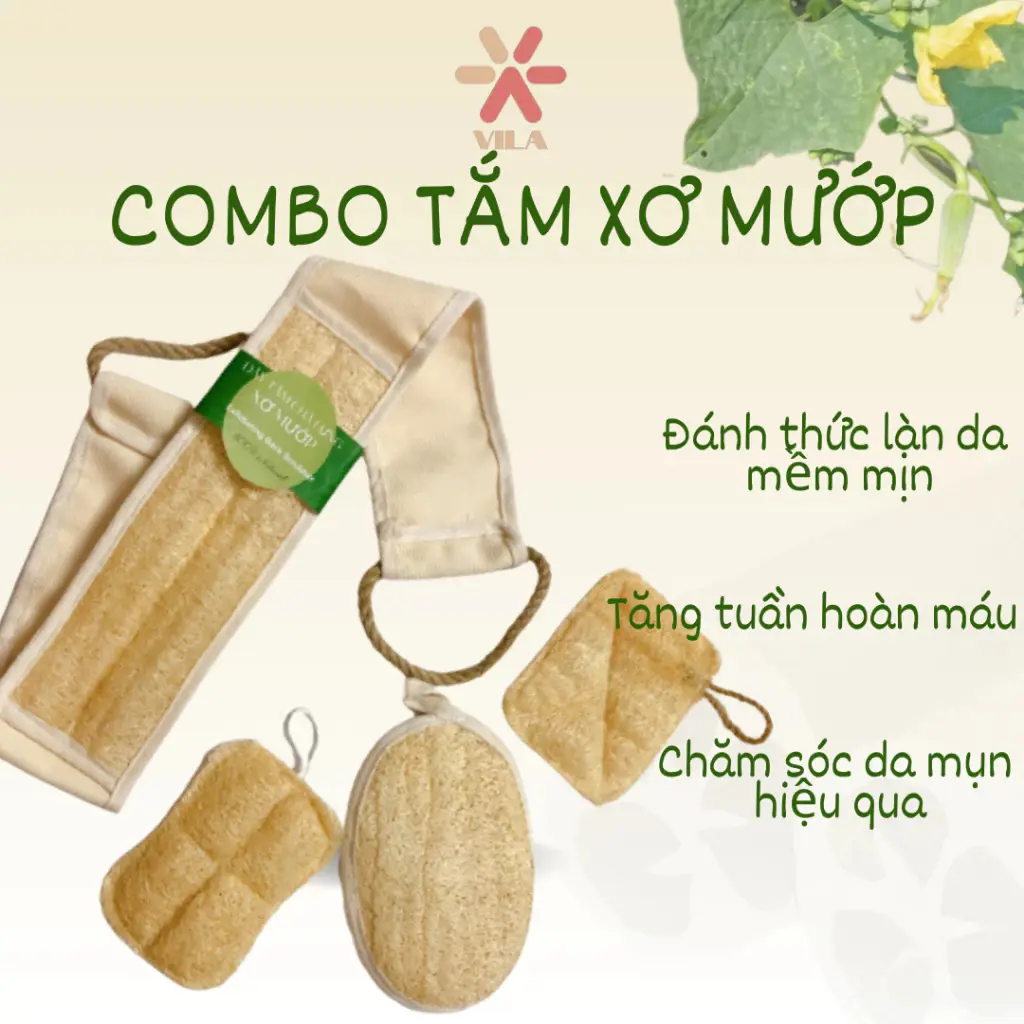 [Mua kèm Deal Sốc] Combo bộ 4 bông tắm xơ mướp hàng Xuất khẩu- 100% từ Sơ mướp tắm Tự Nhiên Tẩy Da Chết, Massage Cơ thể