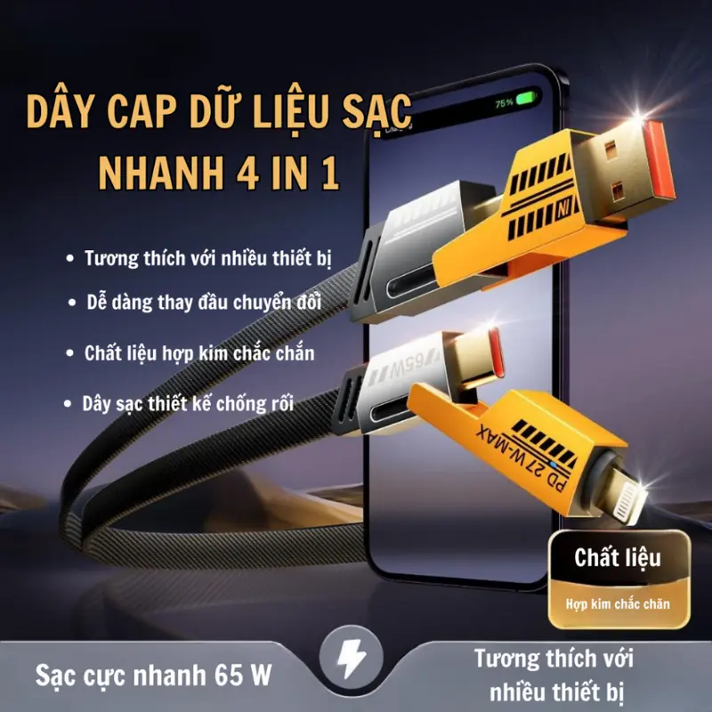 Dây sạc 4 in 1 - Sạc nhanh Ip, Androi, Laptop công suất 65w, bọc dù siêu bền, chống rối - Bảo hành 12 tháng lỗi 1 đổi 1 0