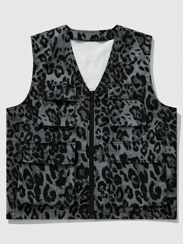 Men's Leopard Print Zip Up Vest Jacket, Regular Fit Casual Pocket Design Sleeveless Outerwear for Outdoor Hiking Camping, Fashion Men's Clothes for Summer, Menswear 2