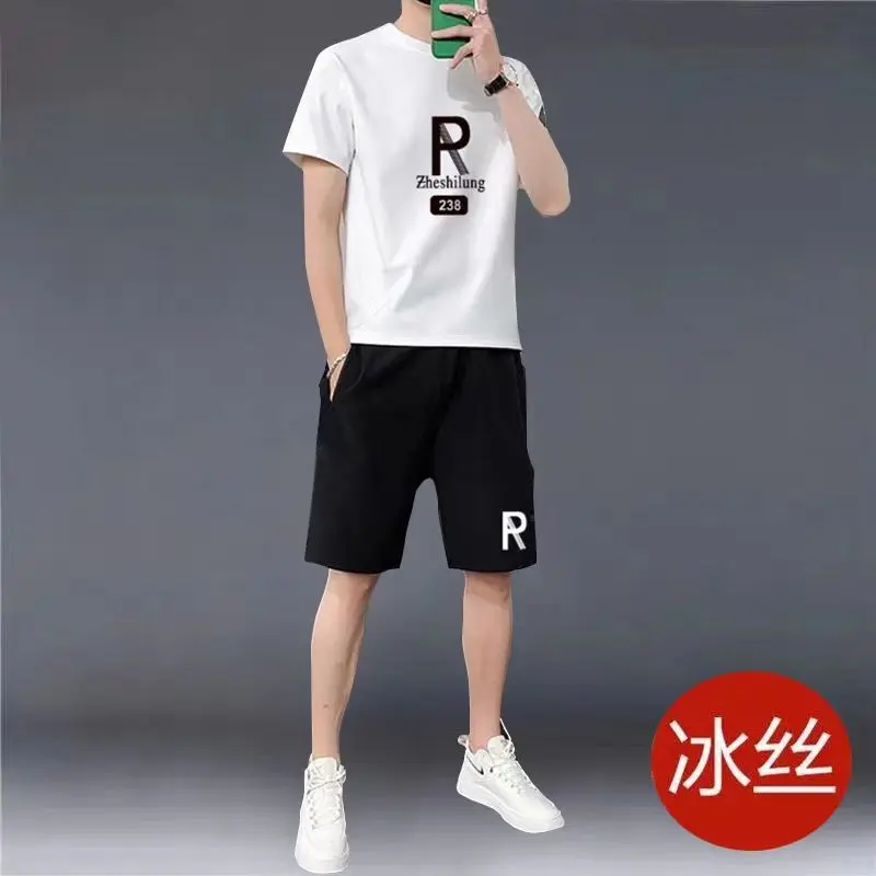Casual Sportswear Set for Men Summer Thin Short Sleeve T-Shirt Fashionable Trendy Ice Silk Quick-Dry Two-Piece Set Closed