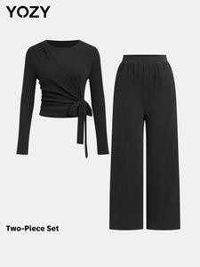 YOZY Women's Solid Ruched Knot Side Tee & Wide Leg Pants Ribbed Two-piece Set, Casual Long Sleeve Wrap Top & Elastic Waist Trousers 2 Piece Set for Daily Wear, Ladies Two-piece Outfits for Spring & Fall