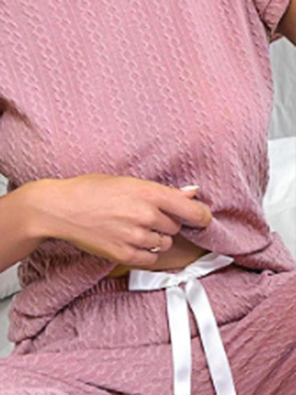 Women's Plain Round Neck Top & Elastic Waist Pants Matching Loungewear Set, Layered Sleeve Top & Bow Decor Trousers, Summer Clothes Women 4