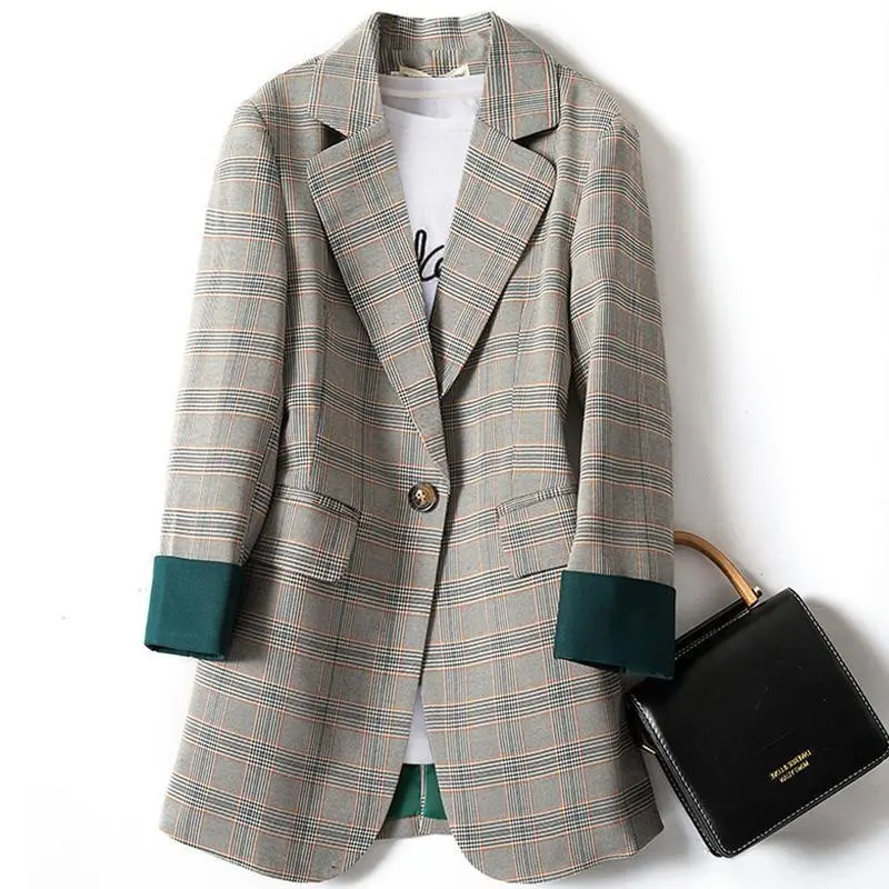 Plus Size S-6XL Women Blazer Jacket Plaid Slim Loose Spring Autumn Fashion Casual Elegant Business Formal Office Work Wear Grey Beige