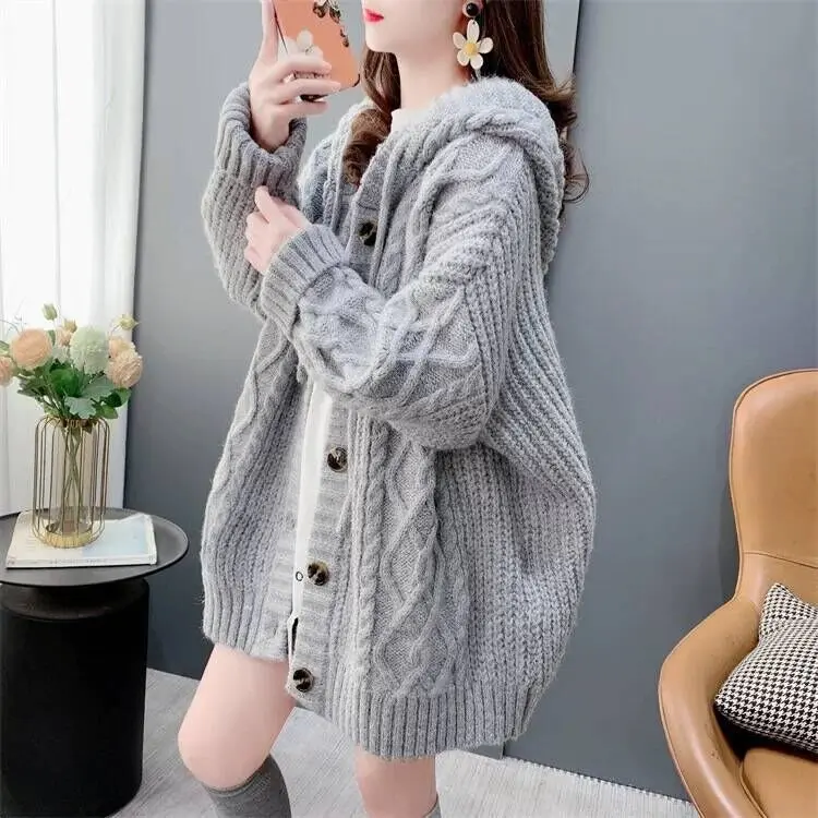 Áo Len Có Mũ Trùm Đầu Cổ Điển Phong Cách Thường Ngày Áo Cardigan, Dành Cho Nữ, Mùa Thu Và Mùa Đông, Dáng Rộng Vừa Vặn, Dài Trung Bình Áo Khoác Dệt Kim, Hàng Mới Về Năm 2024 1