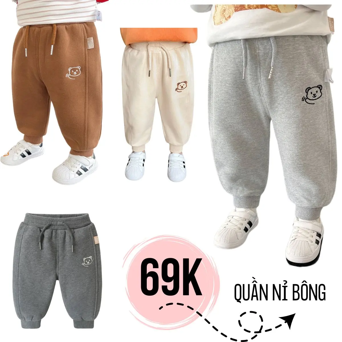 Quần bomber jogger nỉ mùa đông cho bé siêu ấm họa tiết gấu thêu kute phong cách Hàn, quần nỉ dài bo gấu chất trần bông không xù 8-23kg - Chebokids