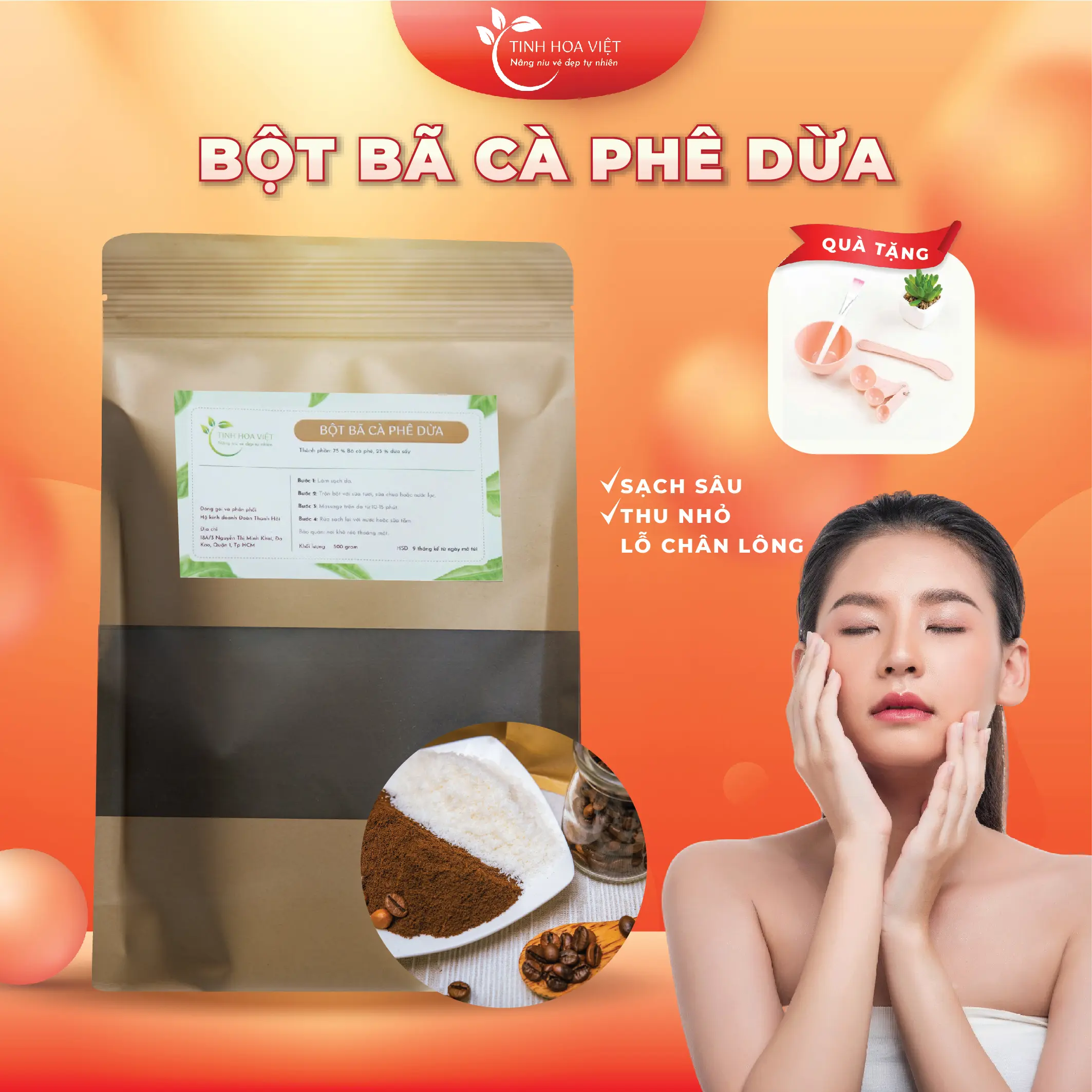 Bột bã cà phê dừa sạch sâu cấp ẩm tẩy tế bào 500g tinhhoaviet