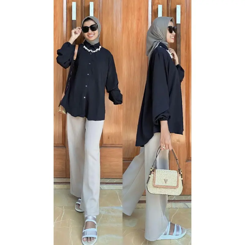 Kemeja Wanita Premium Lengan Balon Karet Kemeja Wanita Polos Basic Lengan Panjang Woman Long Sleeve Original 4