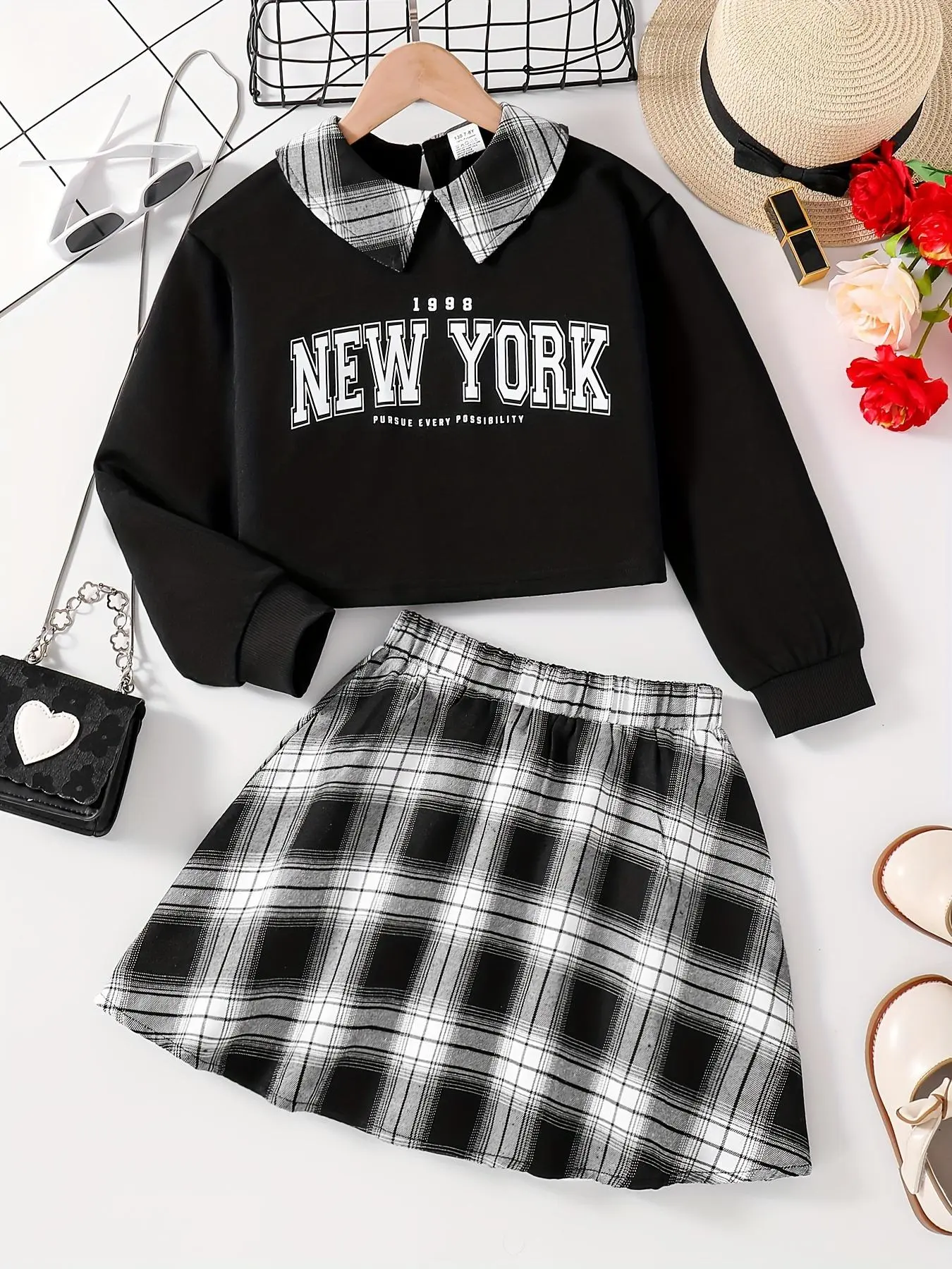 Two-piece Set Girl's Letter Print Top & Plaid Print Elastic Waist Skirt Set, Casual Long Sleeve Keyhole Neckline Top & Short Skirt for Fall & Winter, Kids Clothes for Daily Wear
