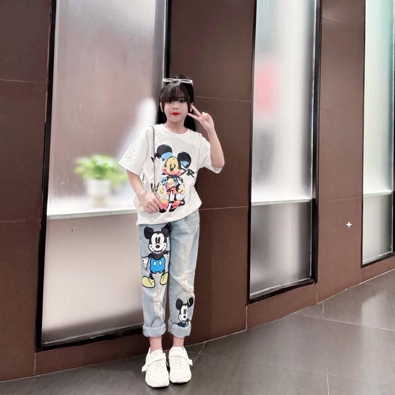 Sét bộ áo thun quần jean baggy Mickey size bé gái từ 15-58kg bộ quần dài jean áo thun suông bé gái và mẹ