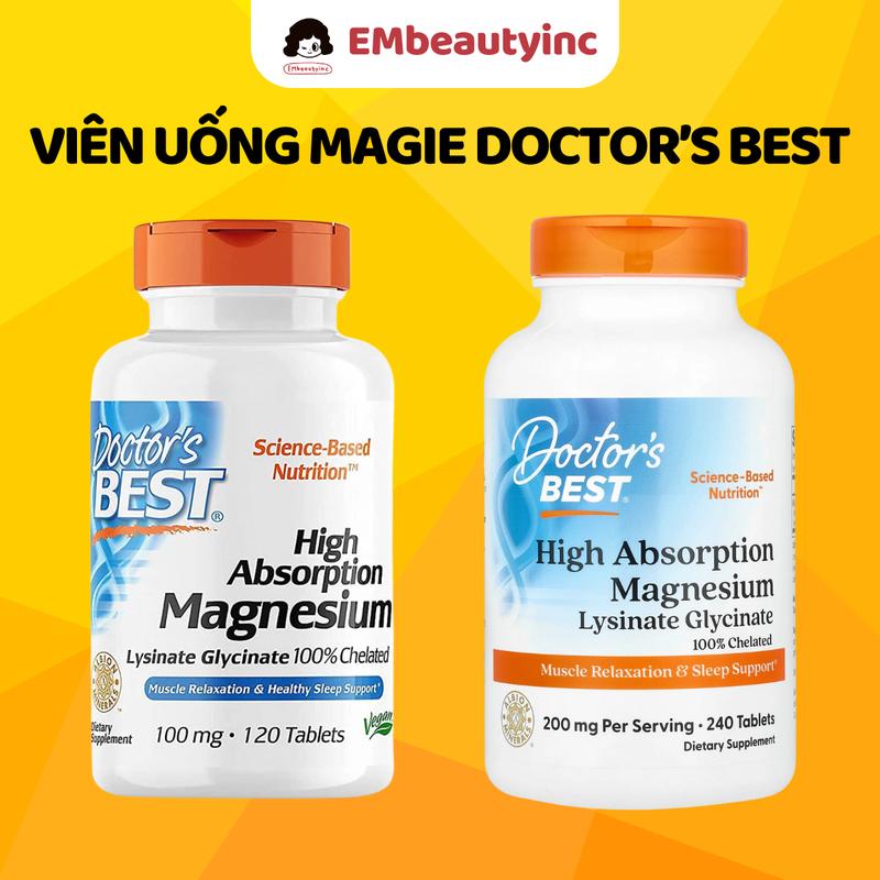 Viên Uống Bổ Sung Magie Doctor's Best Magnesium Lysinate Glycinate Chelated 100mg - Hộp 120 viên / 240 viên