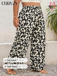 Curvzy Plus Size Autumn Aesthetic Back to School All Over Print Frill High Waist Wide Leg Pants, Casual Comfy Fashion Trousers for Daily Wear, Women's Bottoms for All Seasons, Womenswear