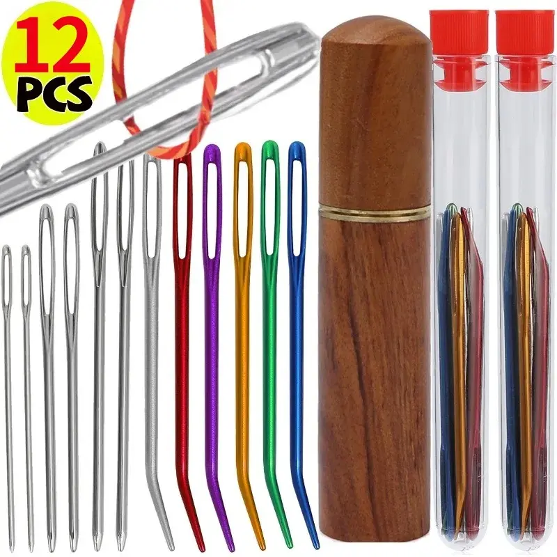 12Pcs/Set Blind Sewing Needles Stainless Steel Big Hole Needles with Boxes Home Self-Threading DIY Crafts Sewing Supplies