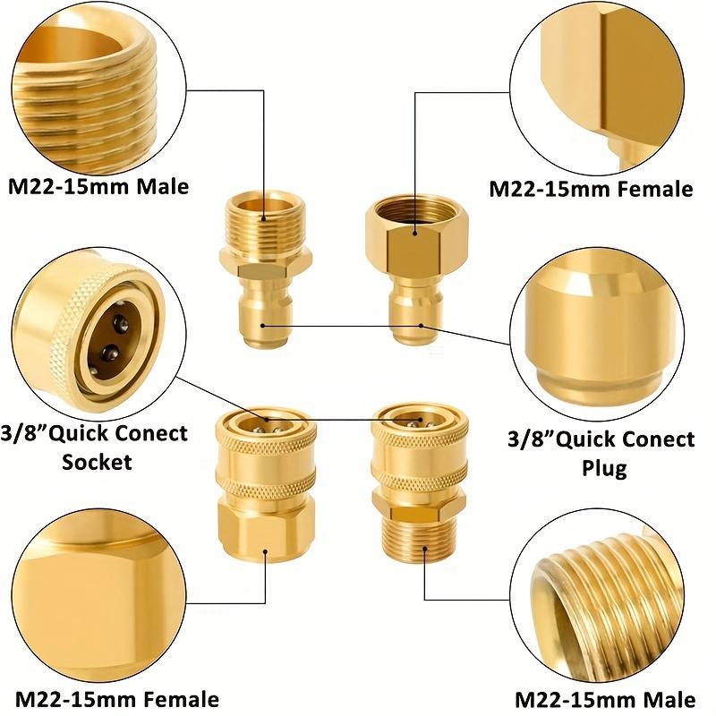 Pressure Washer Quick Disconnect Adaptor Set, M22-15mm to 3/8" Quick Release Couplers, All Solid Brass Connector Compatible with Sun Joe, Power Washer Adaptor, Power Tool Accessories 7