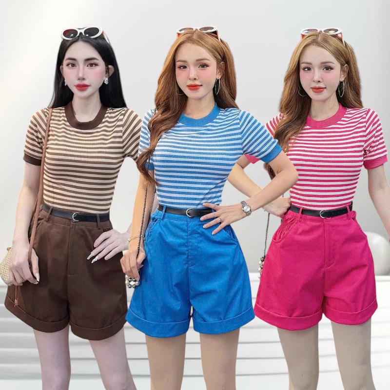 Set quần áo thiết kế CRAZYTEEN S5843 dành cho nữ gồm áo thun cổ tròn tay ngắn và quần short để đi chơi ( Áo thun/ Quần short / Dây nịt )