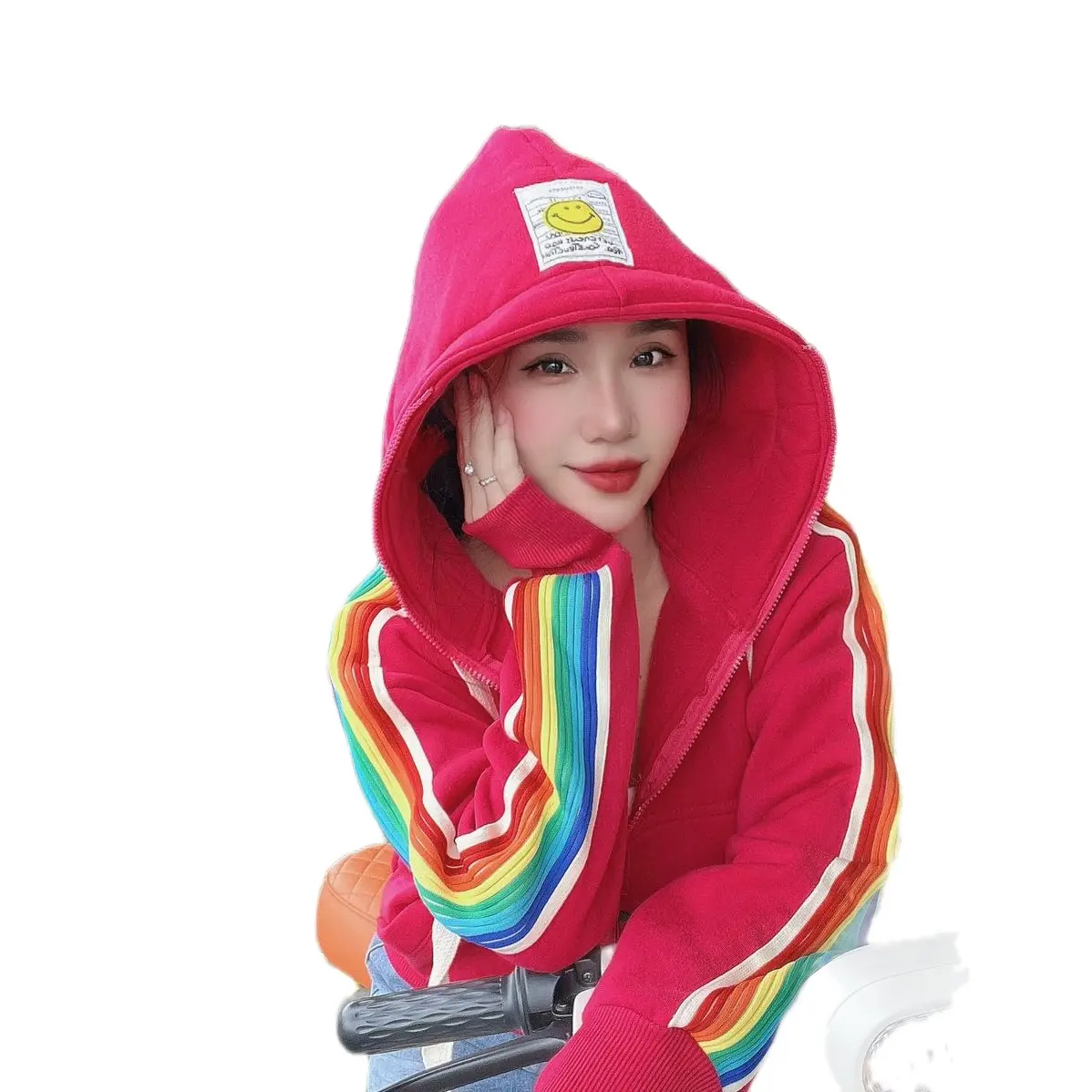 ÁO KHOÁC NỈ TAY SỌC CẦU VÒNG THÊU NÓN THỜI TRANG HANA STORE