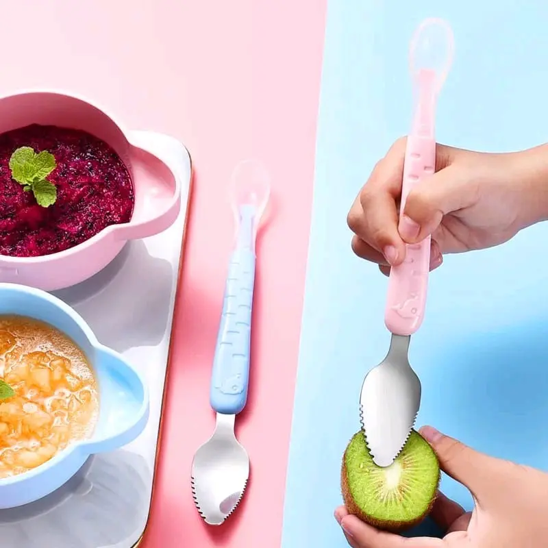 Sendok Kerok Buah Sendok Makan MPASI Bayi Stainless dan Silikon 2in1 7