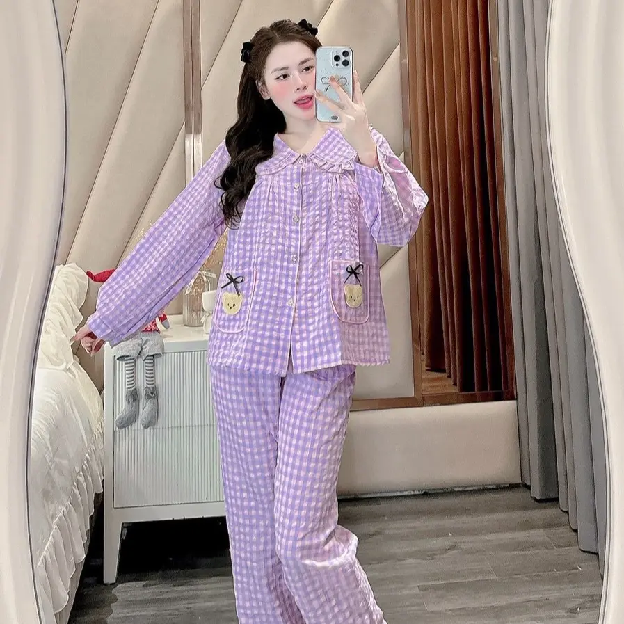 Bộ Đồ Ngủ Caro Quần Dài Áo dài tay, nhiều màu mặc nhà , chất liệu đũi xốp (có size đến 65kg) Nữ