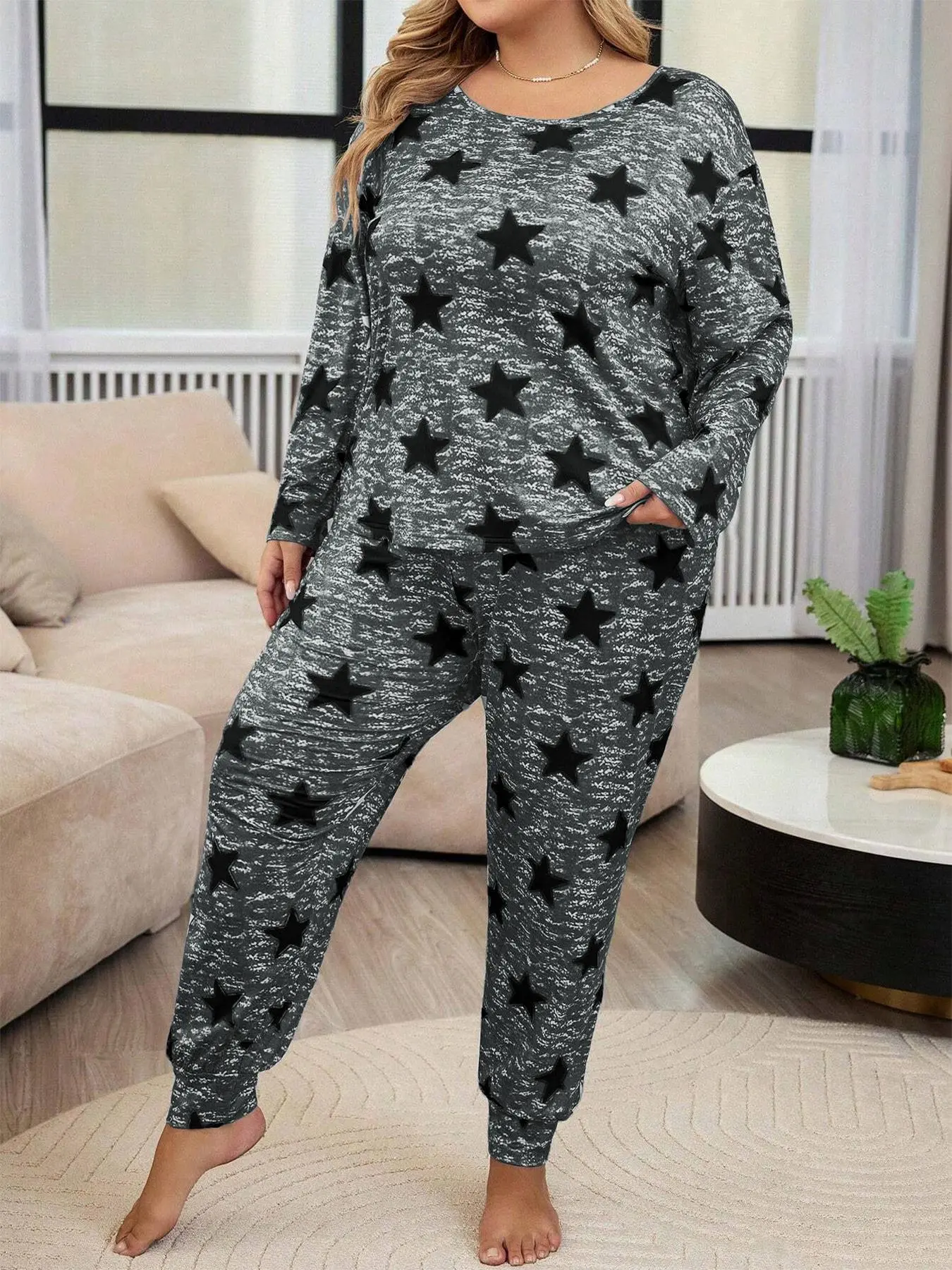Women's Star Print Long Sleeve Tee & Pants Pyjama Two-Piece Set, Casual Comfy Round Neck Top & Trousers PJ Set, Women's Sleepwear for Spring & Fall